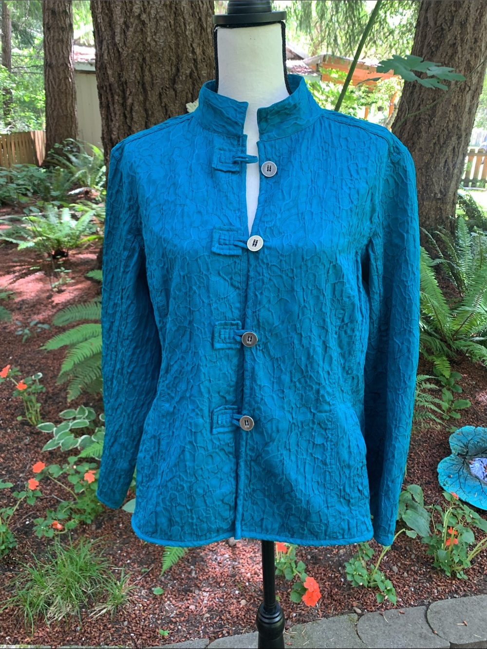 Chicos Teal Textured Mandarin Collar Jacket - Women's